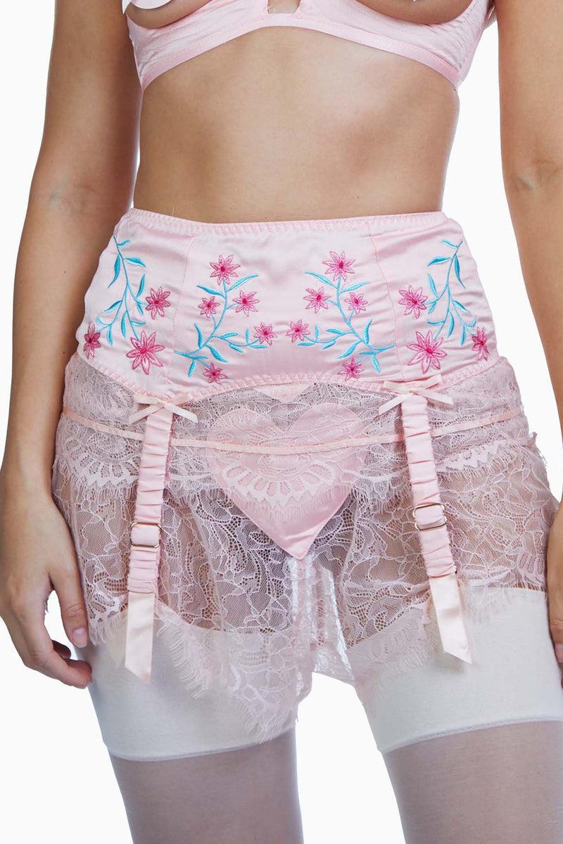 Playful Promises Doris Peach Embroidered Retro Suspender Belt