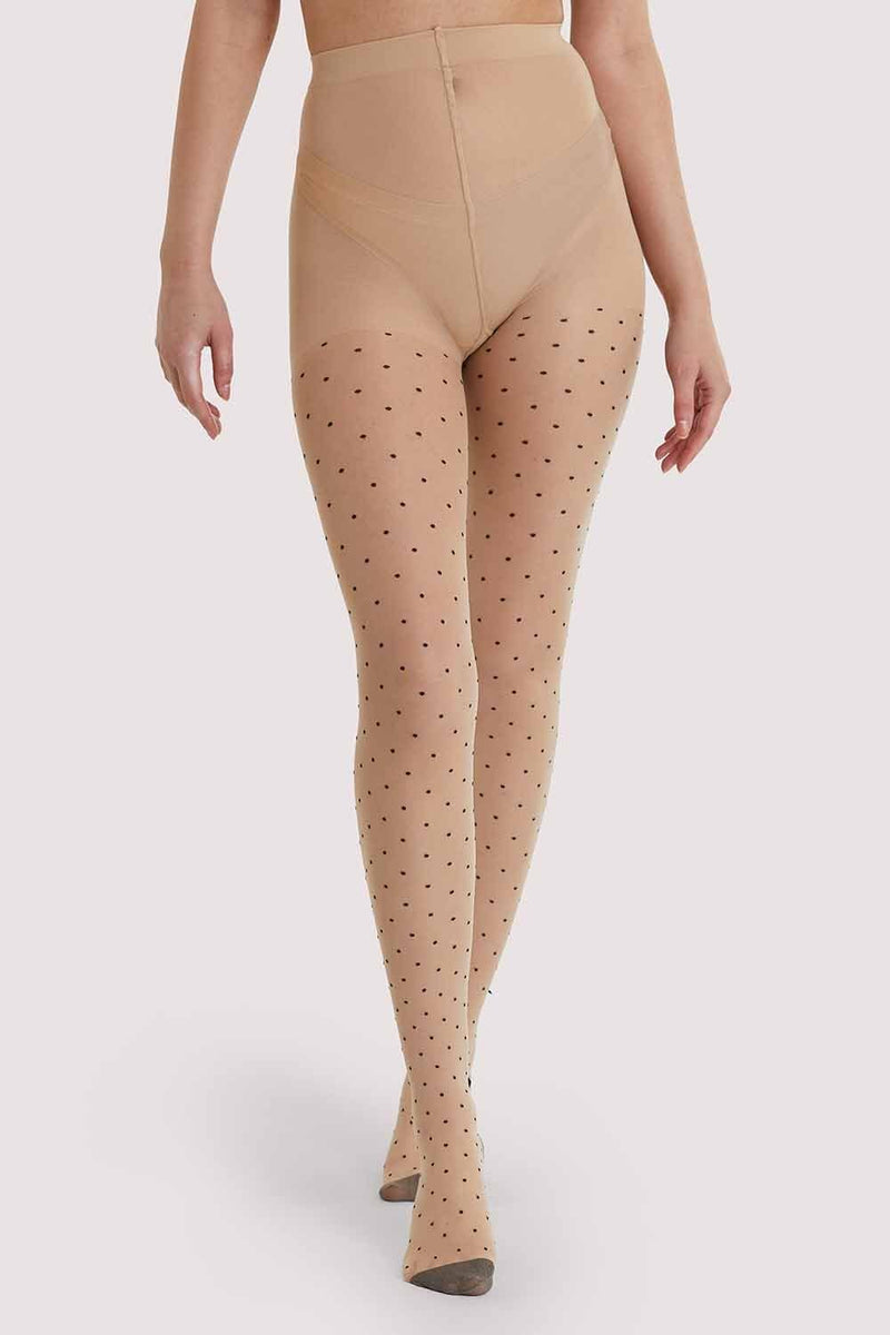 Playful Promises Dotty Seamed Tights With Bow Light Beige/Black