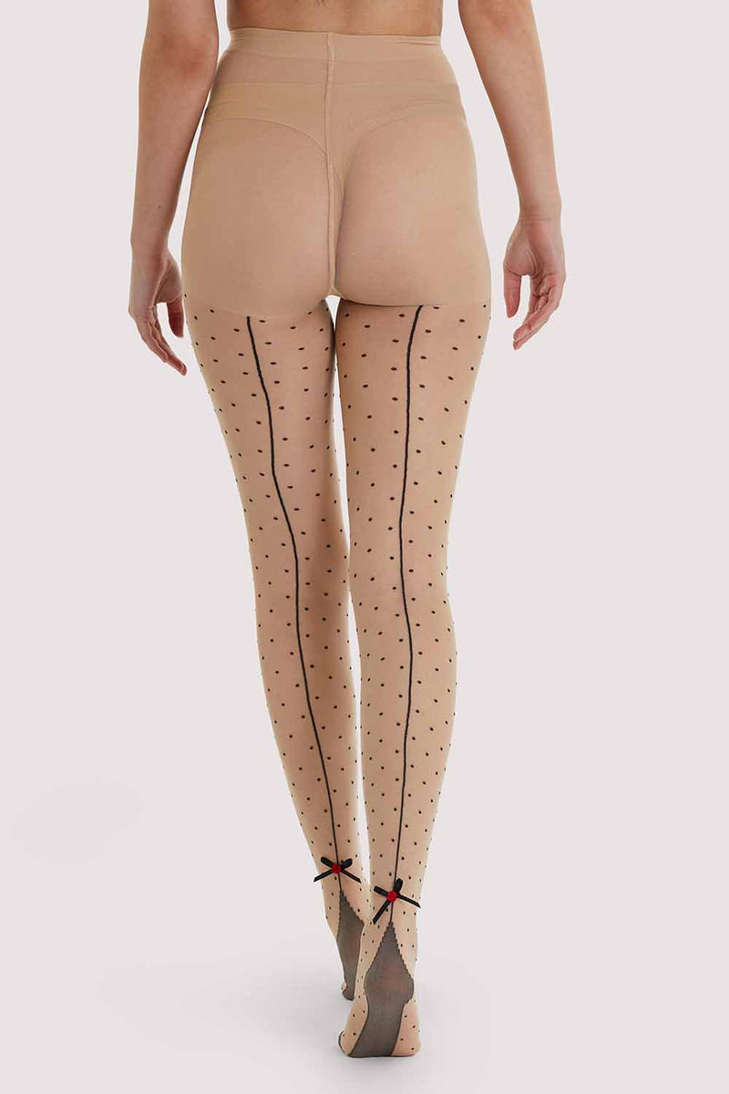 playful promises Dotty Seamed Tights With Bow Light Beige/Black