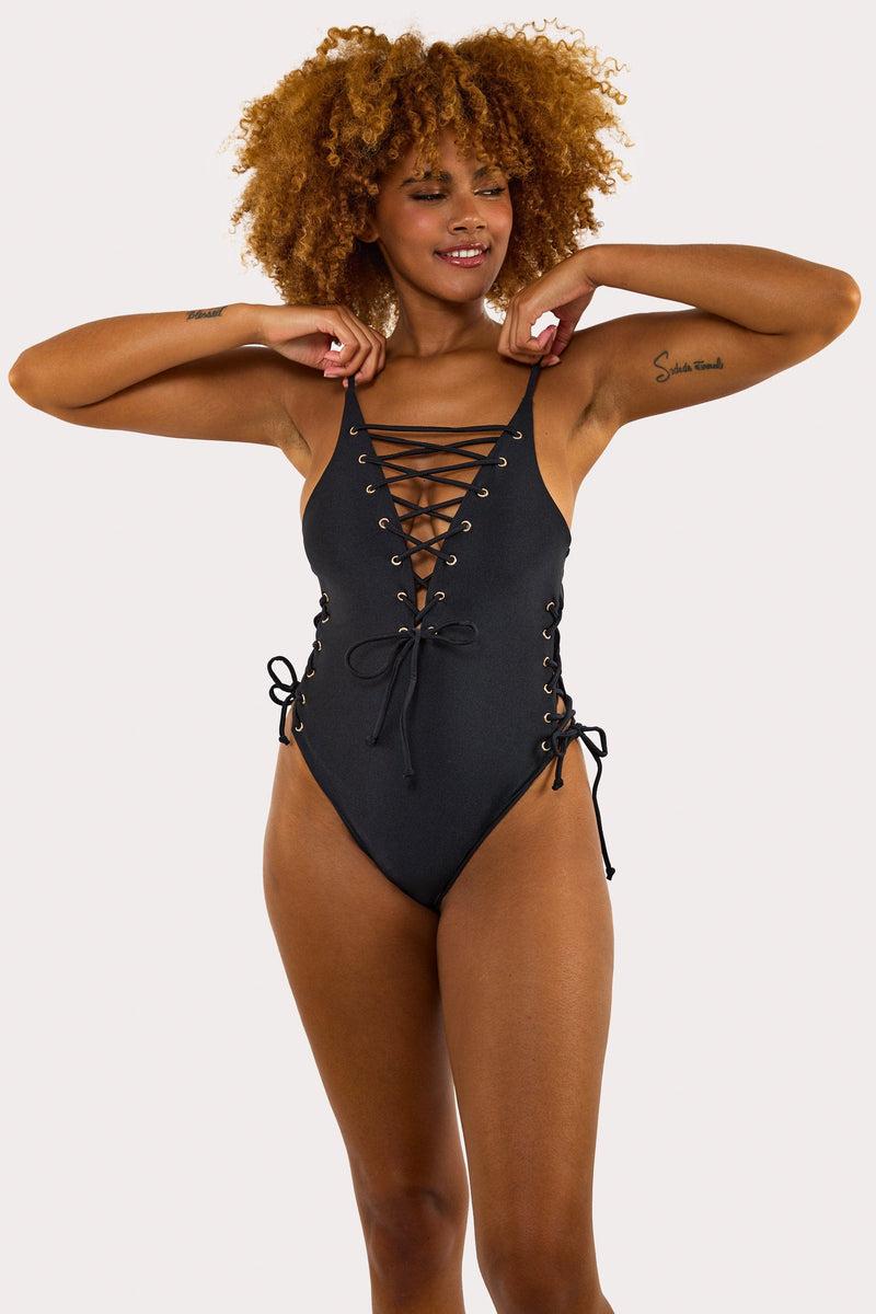 Playful Promises Eden Eden Fuller Bust Black Plunge Lace-Up Swimsuit