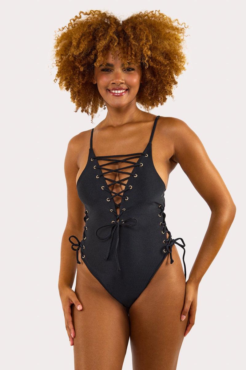 playful promises Eden Eden Fuller Bust Black Plunge Lace-Up Swimsuit