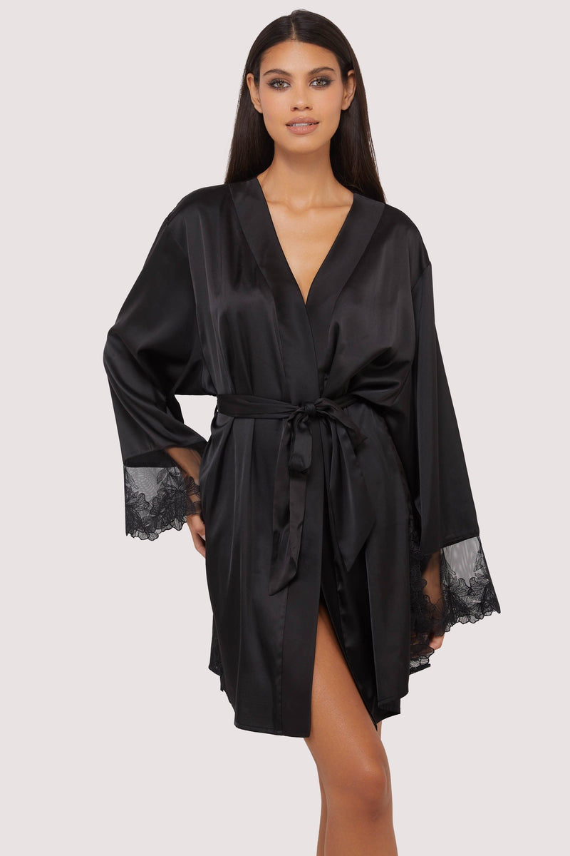 Playful Promises Eleanor Black Satin & Embroidery Robe