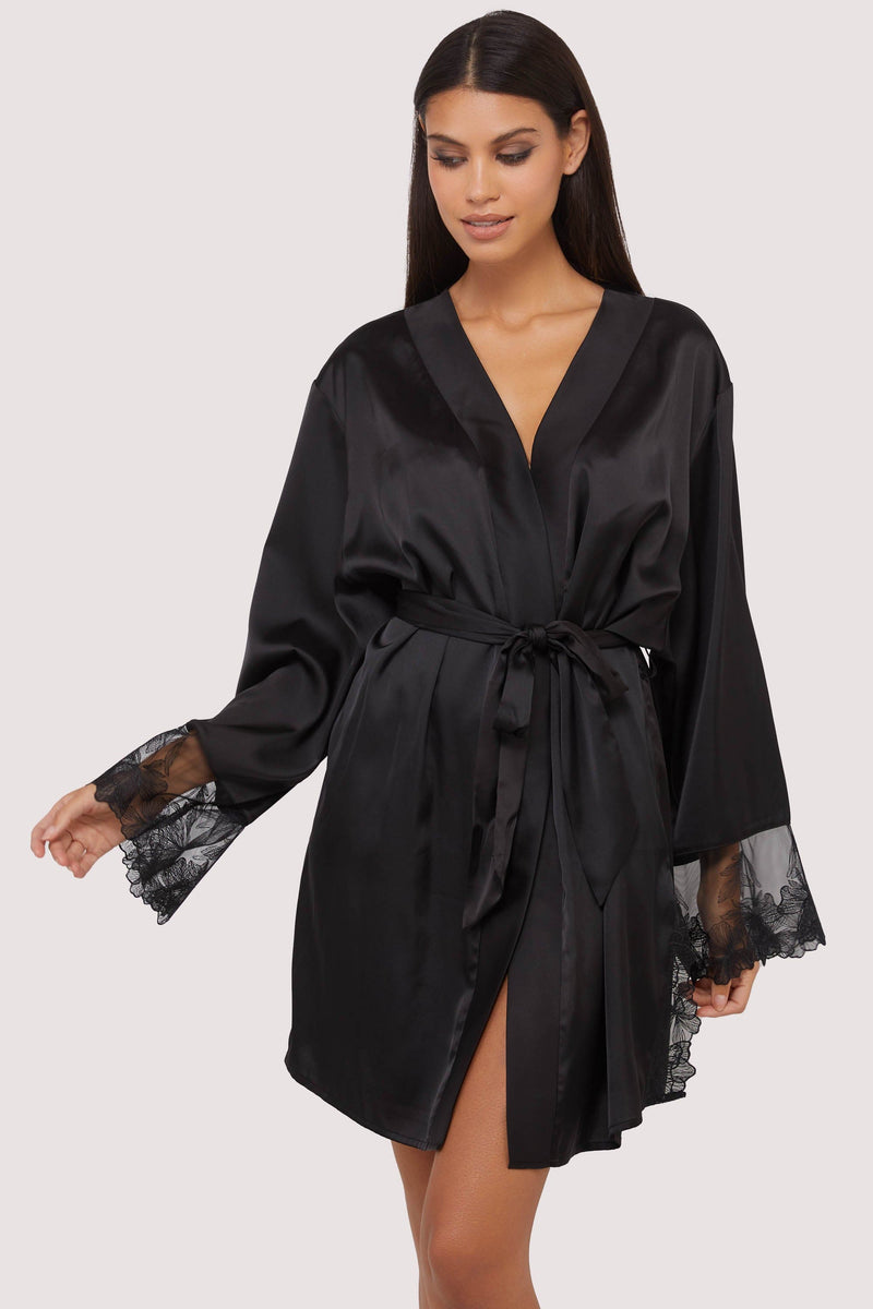 playful promises Eleanor Black Satin & Embroidery Robe