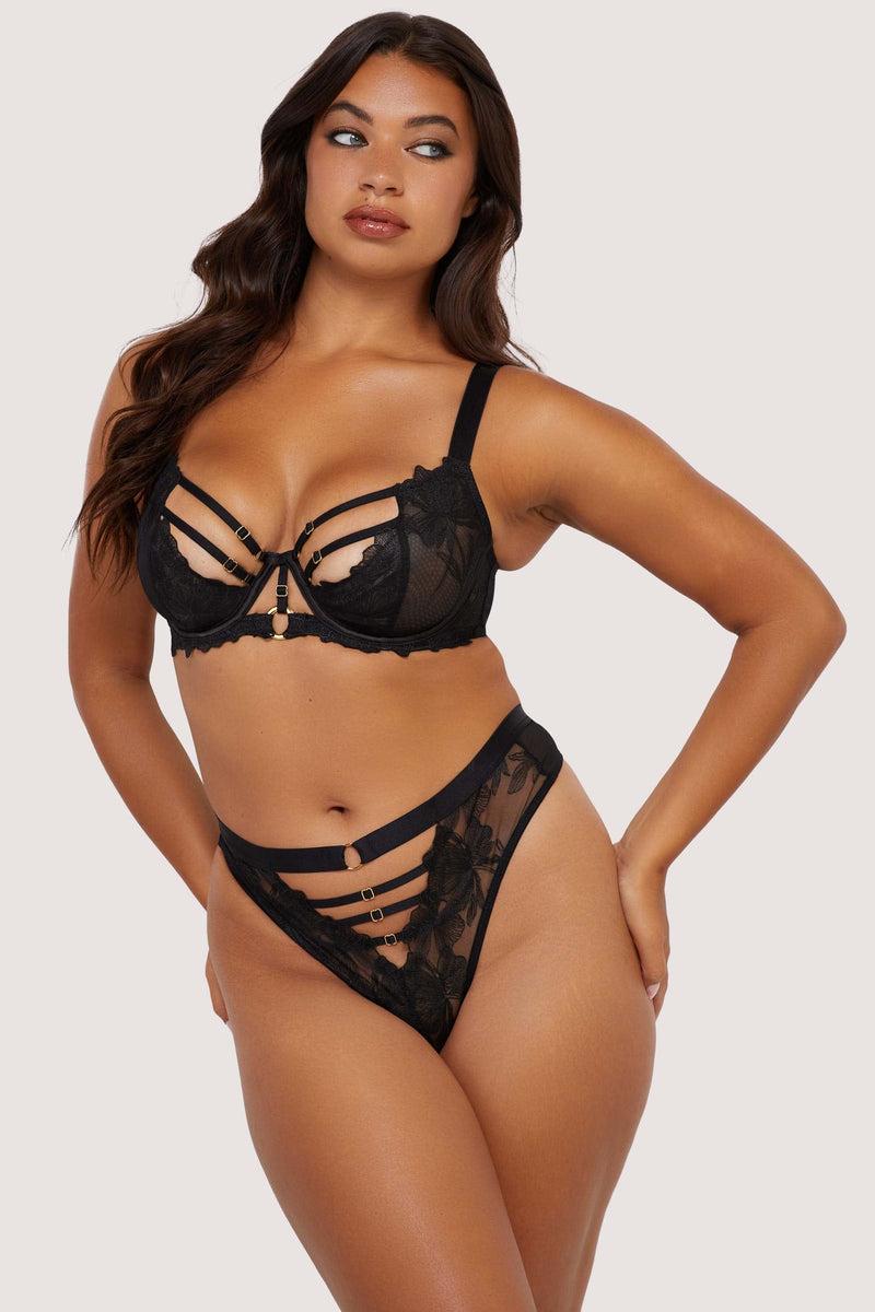 Playful Promises Eleanor Black Strappy Embroidery High Waist Thong