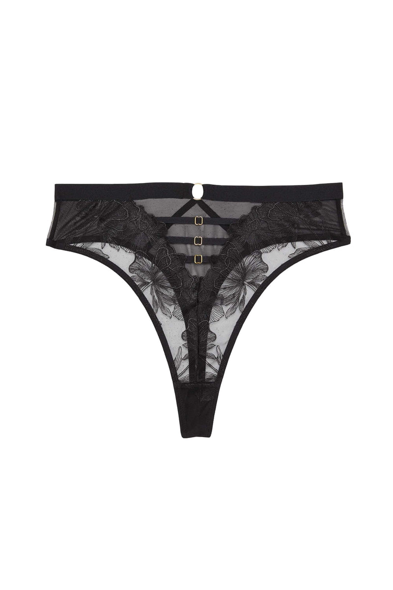 Playful Promises Eleanor Black Strappy Embroidery High Waist Thong