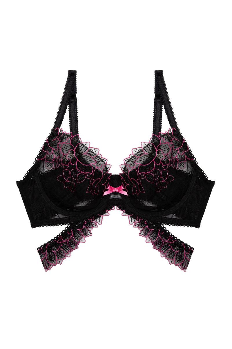 Playful Promises Eliza Black And Hot Pink Floral Embroidered Plunge Bra