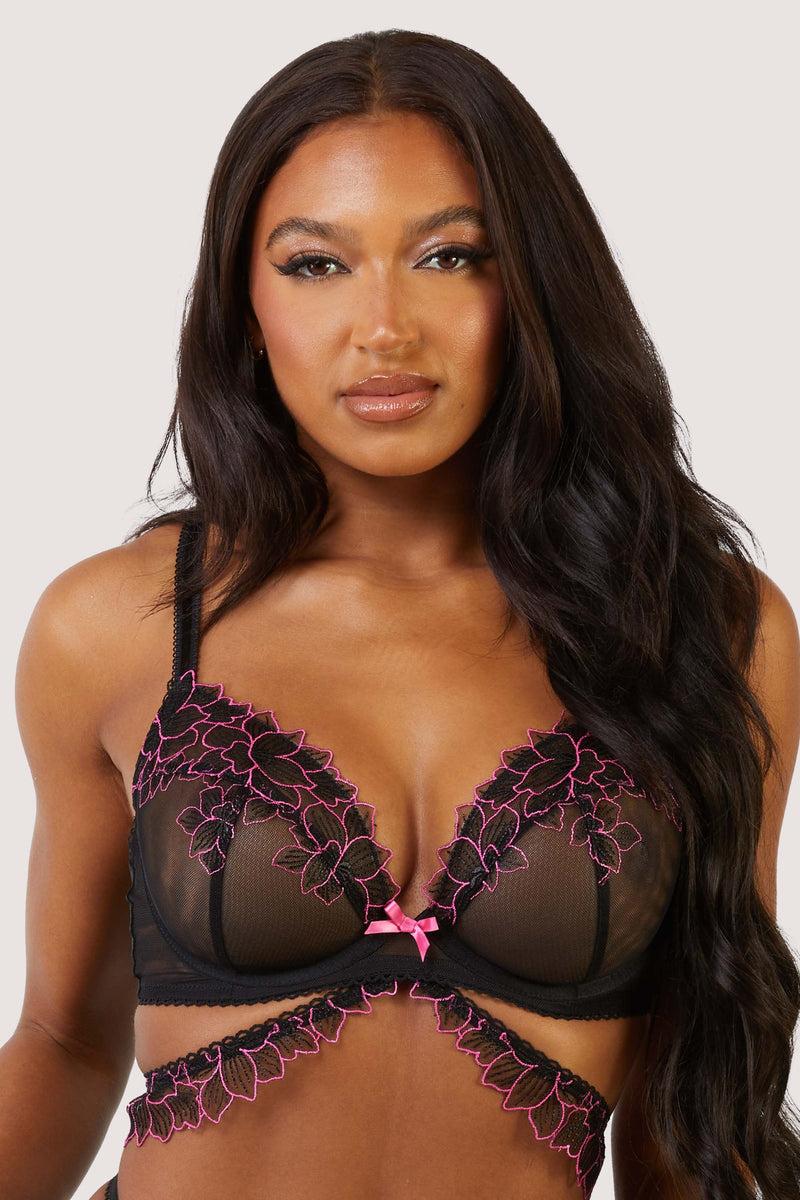 playful promises Eliza Black And Hot Pink Floral Embroidered Plunge Bra