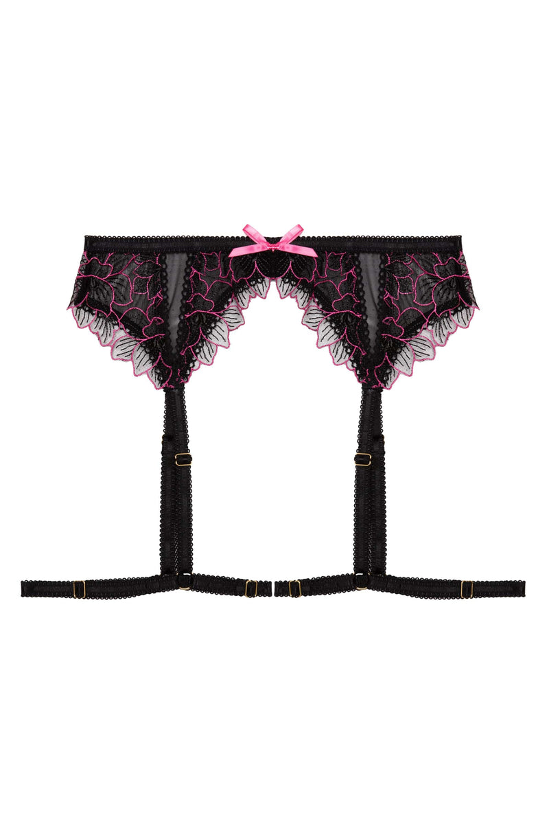 Playful Promises Eliza Black And Hot Pink Floral Embroidered Suspender Belt