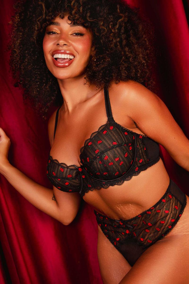 Playful Promises Elodie Black And Red Rosebud Embroidery Balconette Bra