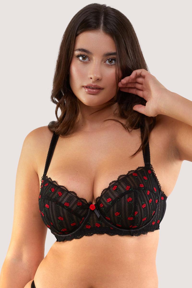 Playful Promises Elodie Black And Red Rosebud Embroidery Balconette Bra