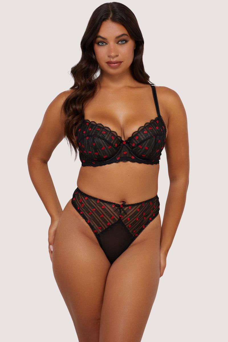 Playful Promises Elodie Black And Red Rosebud Embroidery High Waist Thong
