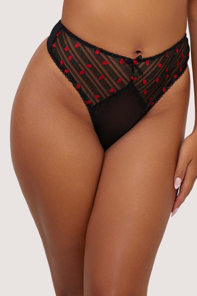 playful promises Elodie Black and Red Rosebud Embroidery High Waist Thong