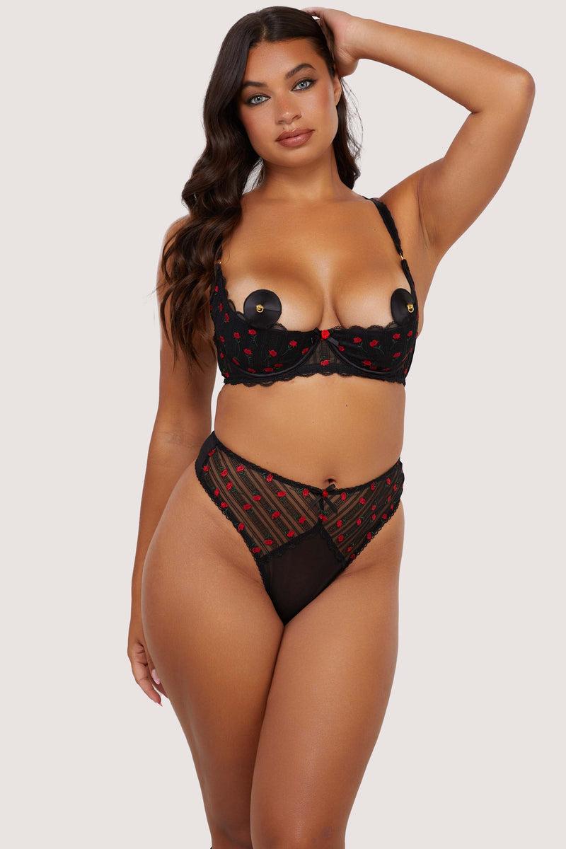 Playful Promises Elodie Black And Red Rosebud Embroidery Quarter Cup Bra