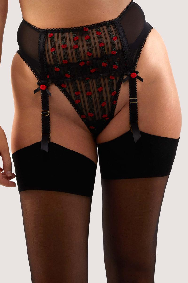 playful promises Elodie Black and Red Rosebud Embroidery Suspender Belt