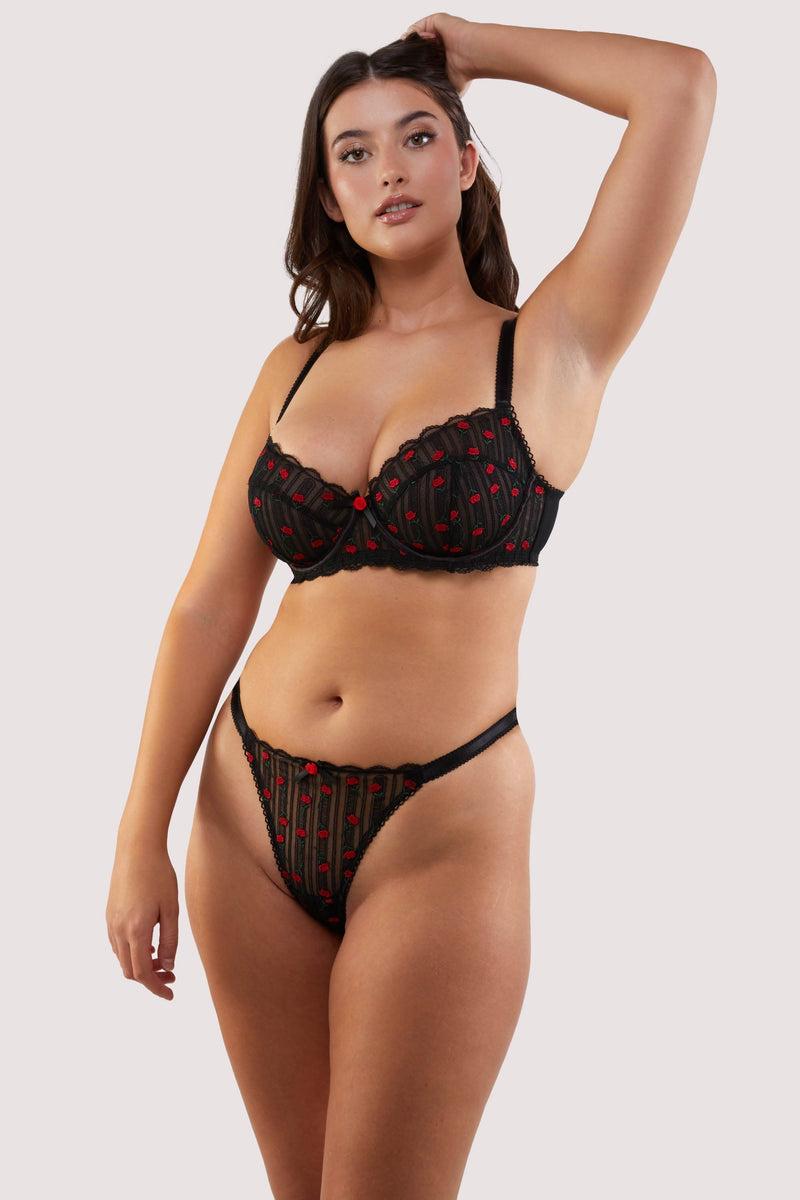 Playful Promises Elodie Black And Red Rosebud Embroidery Thong