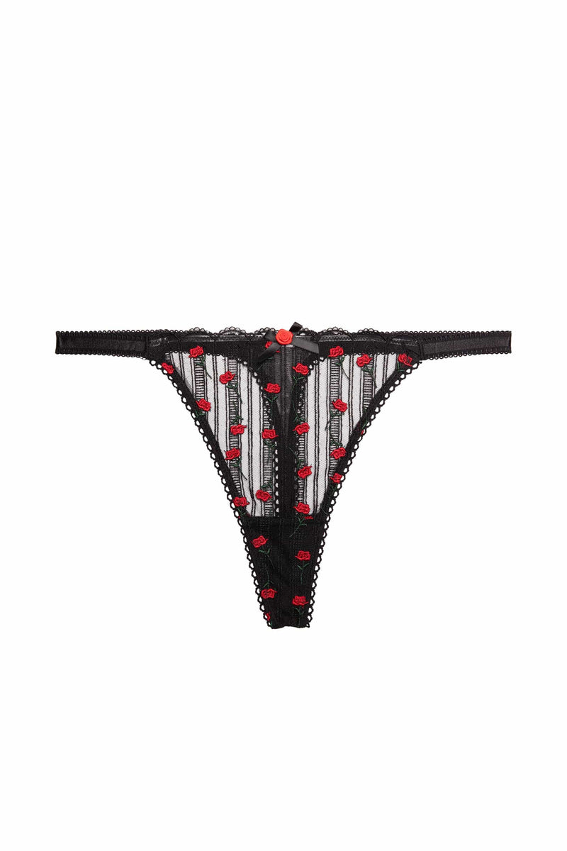 Playful Promises Elodie Black And Red Rosebud Embroidery Thong