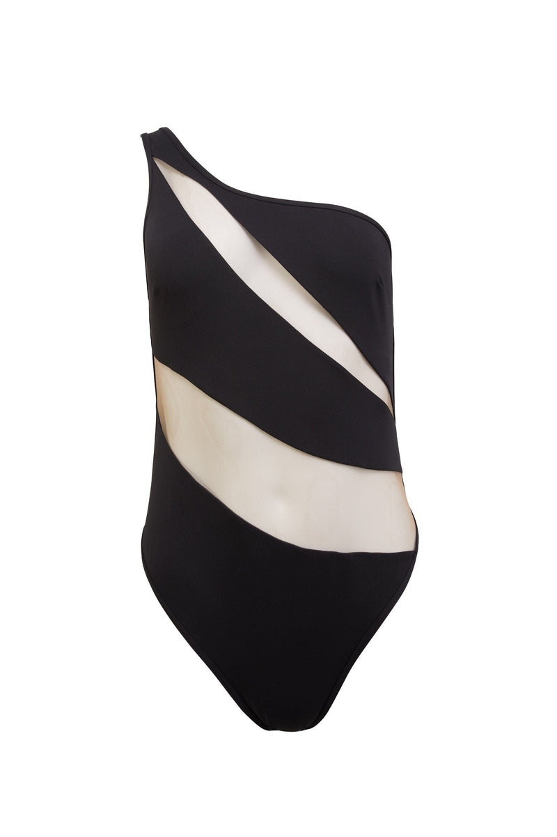 Playful Promises Eloise Fuller Bust Black Asymmetric Swimsuit With Nude Mesh Inserts