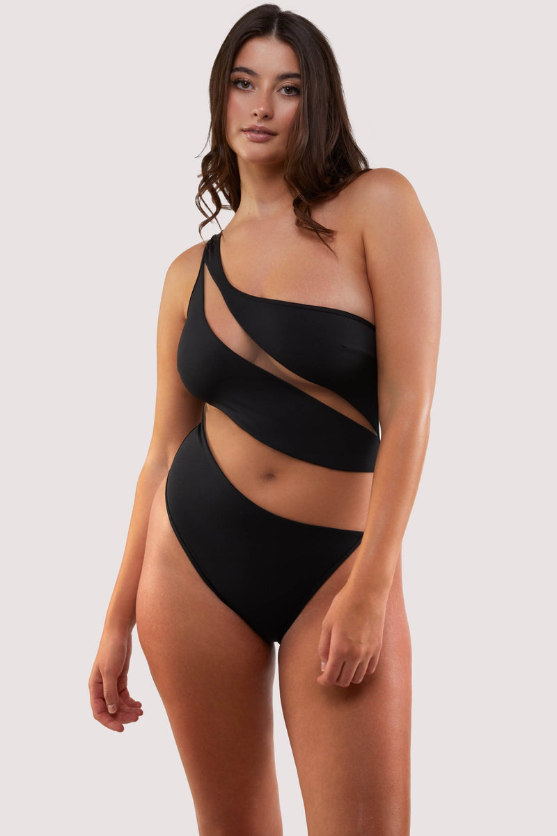playful promises Eloise Fuller Bust Black Asymmetric Swimsuit with Nude Mesh Inserts