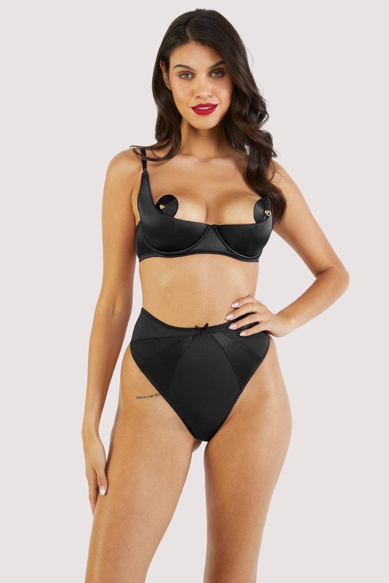 Playful Promises Etta Black Mesh And Satin High Waist Thong