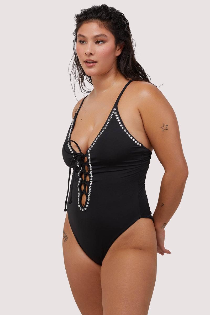 Playful Promises Gabrielle Fuller Bust Black Eco Studded Lace-Up Swimsuit