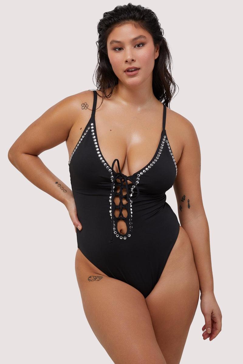 Playful Promises Gabrielle Fuller Bust Black Eco Studded Lace-Up Swimsuit
