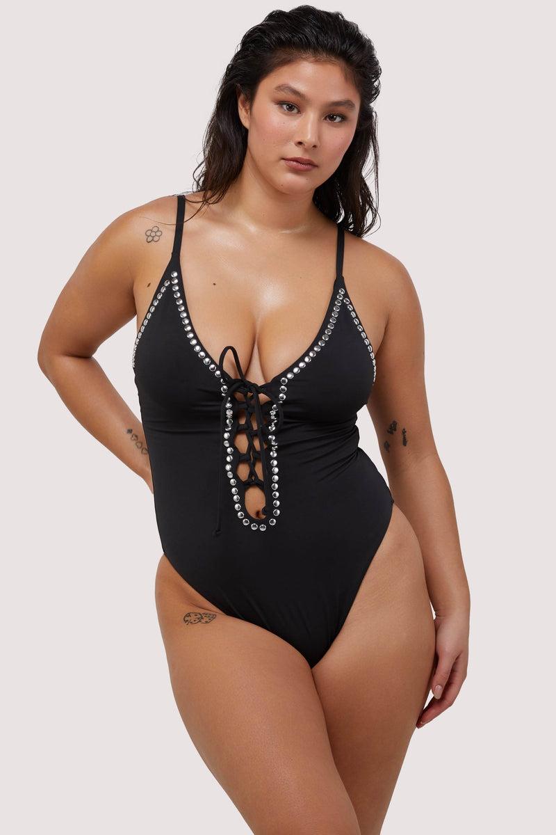 playful promises Gabrielle Fuller Bust Black Eco Studded Lace-Up Swimsuit