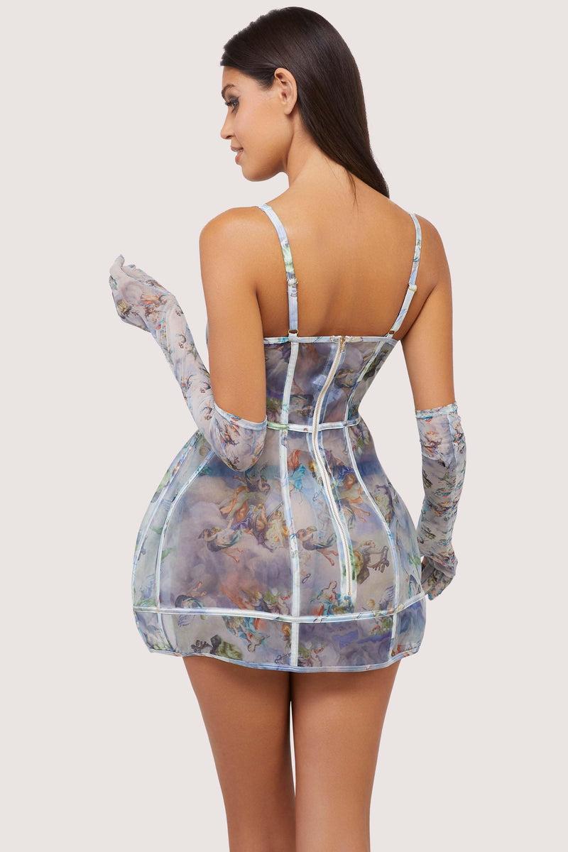 Playful Promises Gracie Renaissance Print Boned Underbust Mesh Mini Dress