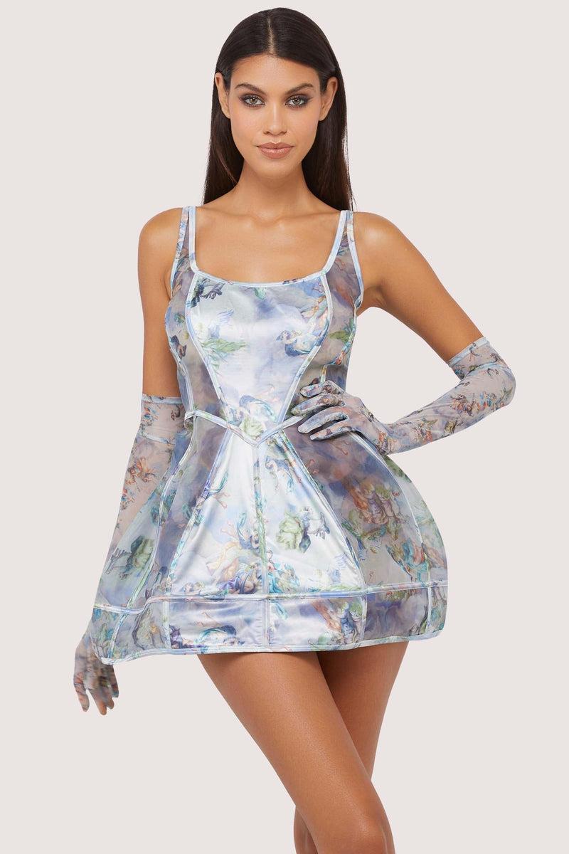 playful promises Gracie Renaissance Print Boned Underbust Mesh Mini Dress