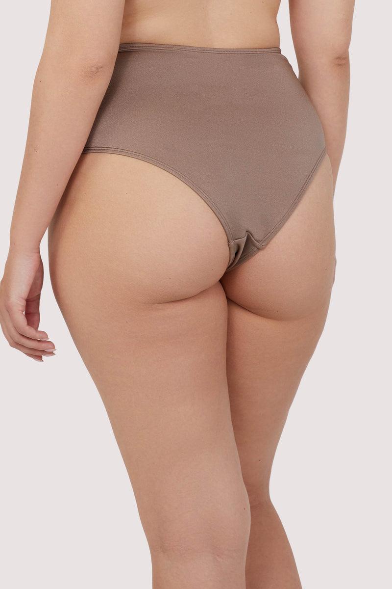 Playful Promises Jade Taupe Neutral High Waist High Leg Ruched Bikini Bottom