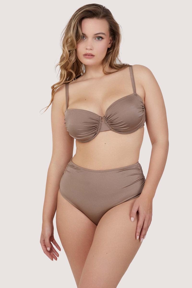 Playful Promises Jade Taupe Neutral High Waist High Leg Ruched Bikini Bottom