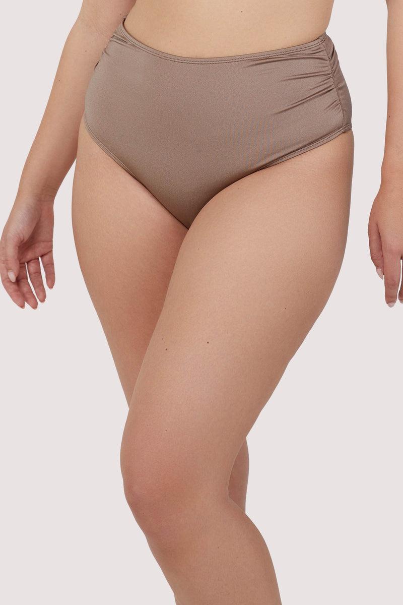 playful promises Jade Taupe Neutral High Waist High Leg Ruched Bikini Bottom