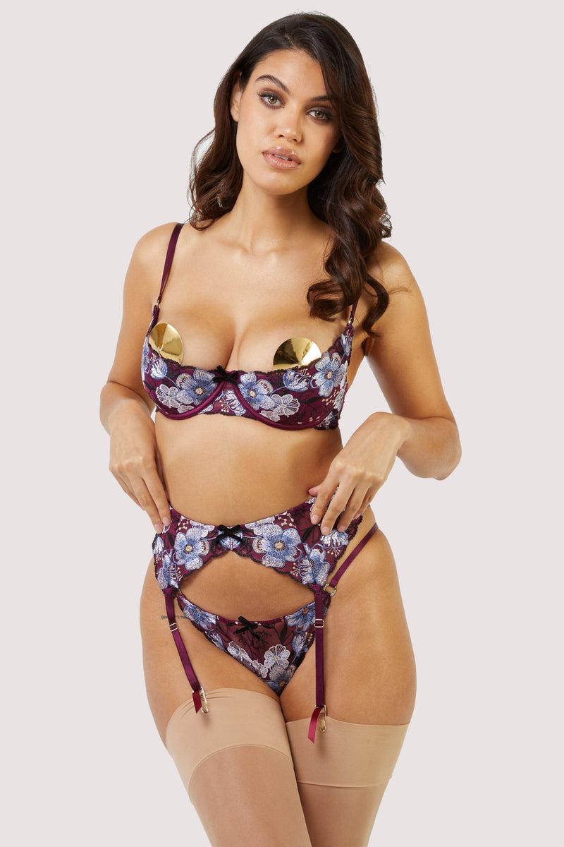 Playful Promises Joanna Burgundy Gold Embroidery Suspender Belt