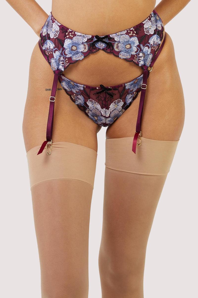 playful promises Joanna Burgundy Gold Embroidery Suspender Belt