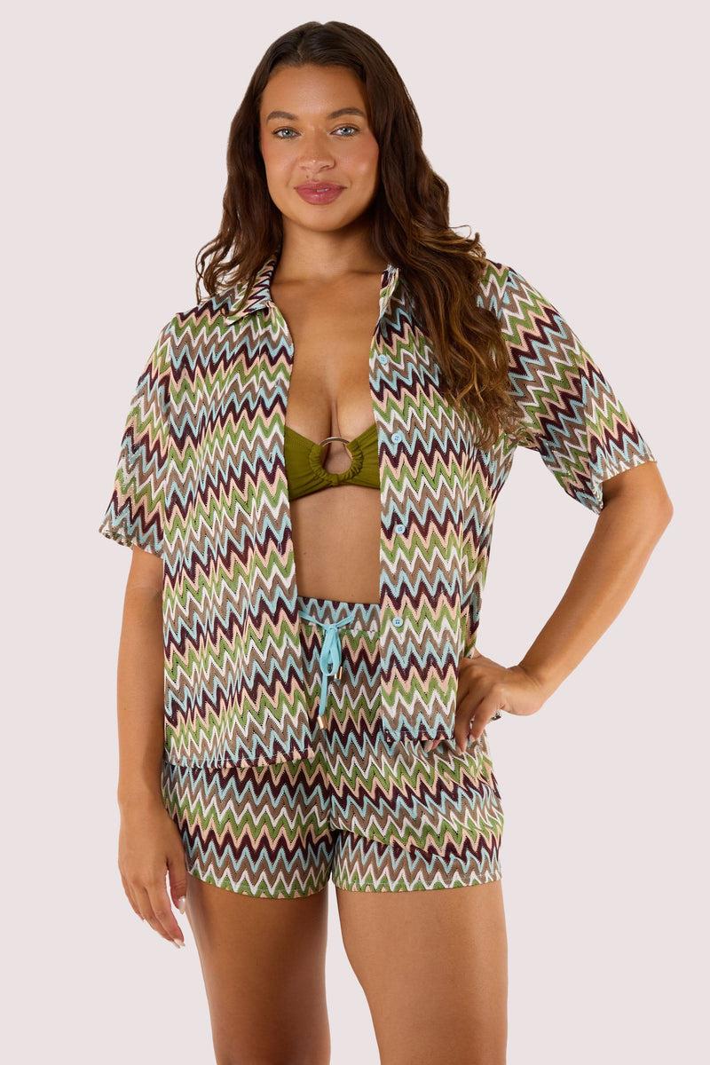 Playful Promises Kalahari Khaki Zig Zag Crochet Beach Shirt