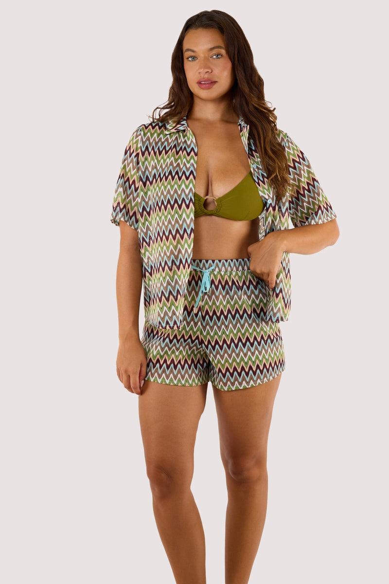 Playful Promises Kalahari Khaki Zig Zag Crochet Beach Shorts