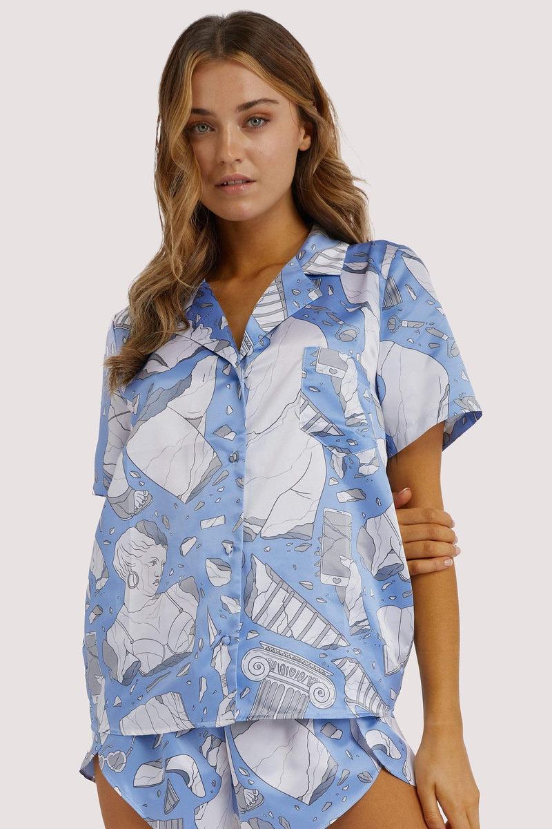playful promises Logan Spector Recycled Blue Statue Satin Shirt