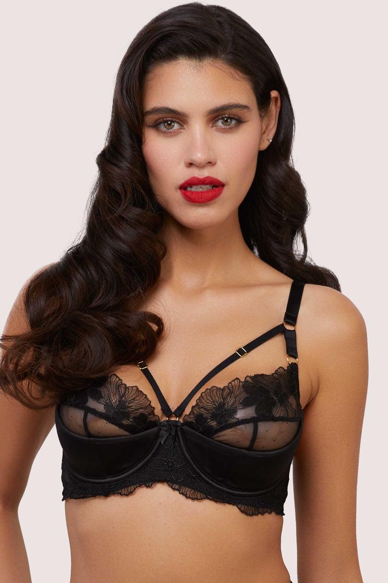 playful promises Lottie Black Floral Embroidery Strap Plunge Bra