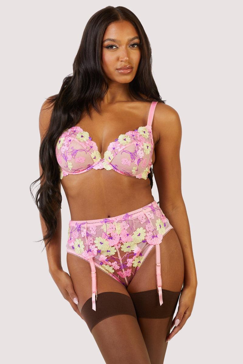 Playful Promises Luna Pastel Pink Embroidery Picot Elastic Suspender