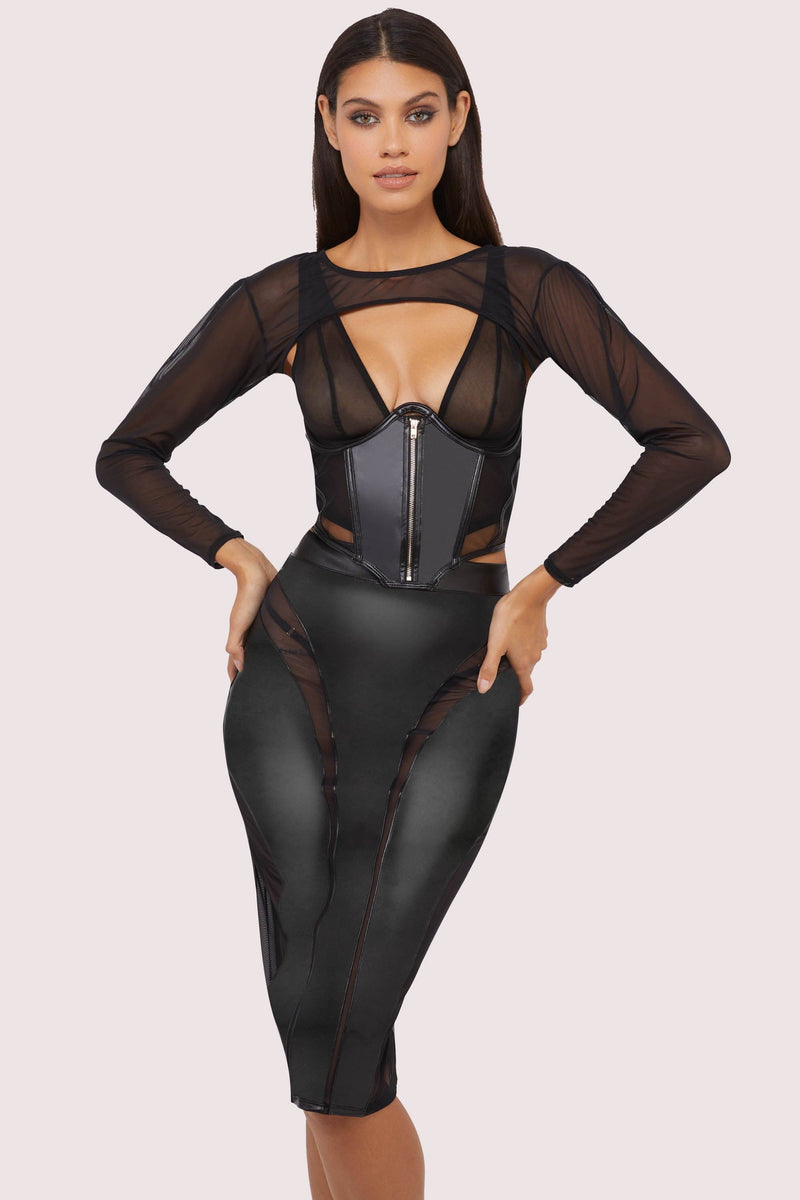 Playful Promises Maeve Black Vegan Leather Mesh Insert Pencil Skirt