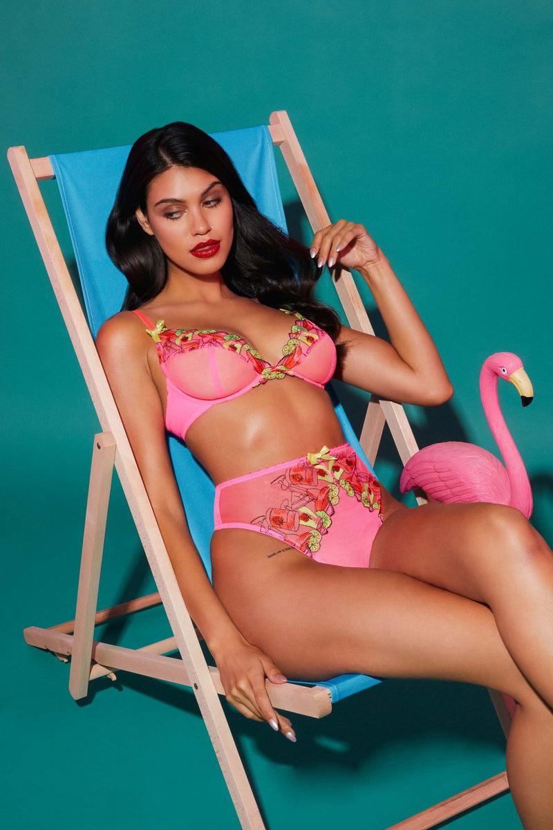 Playful Promises Magda Pink Neon Cocktail Embroidery Plunge Bra