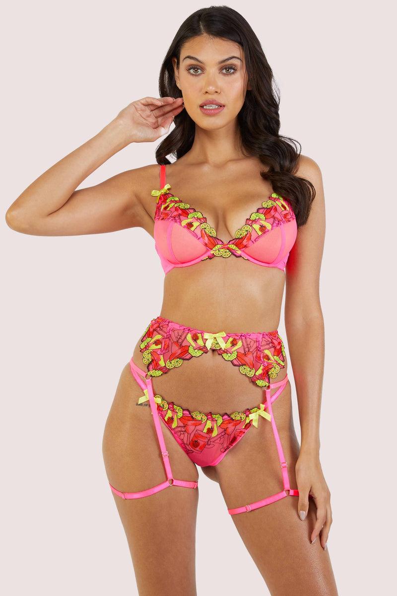 Playful Promises Magda Pink Neon Cocktail Embroidery Suspender Belt