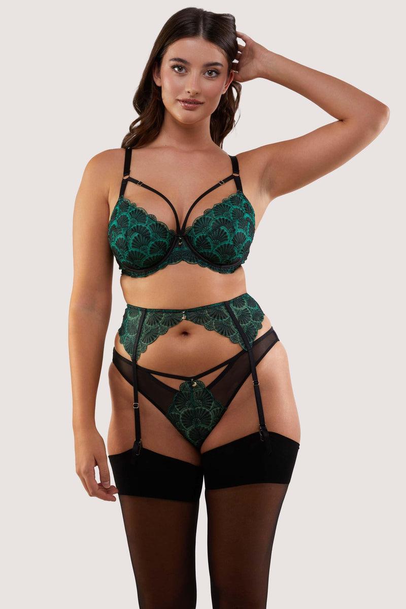 Playful Promises Mia Black And Jade Deco Embroidery Suspender Belt