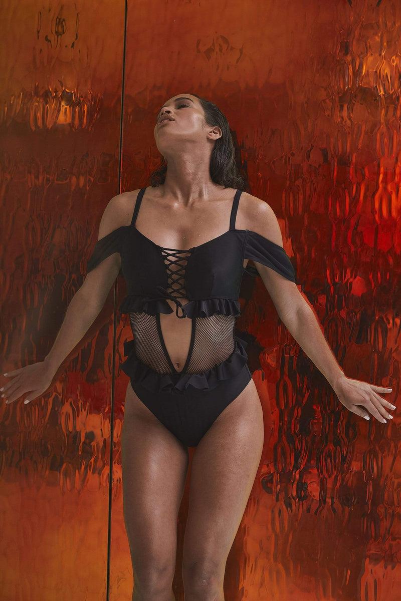 Playful Promises Black Lace Up Swimsuit