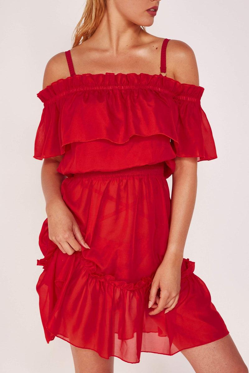 Playful Promises Red Bardot Frill Beach Dress