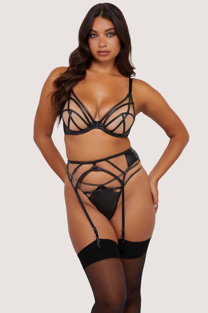 Playful Promises Ramona Black Leatherette Strap Detail Illusion Mesh Suspender