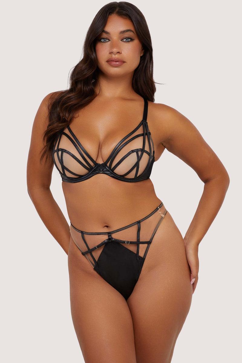 Playful Promises Ramona Black Leatherette Strap Detail Illusion Mesh High Waisted Thong