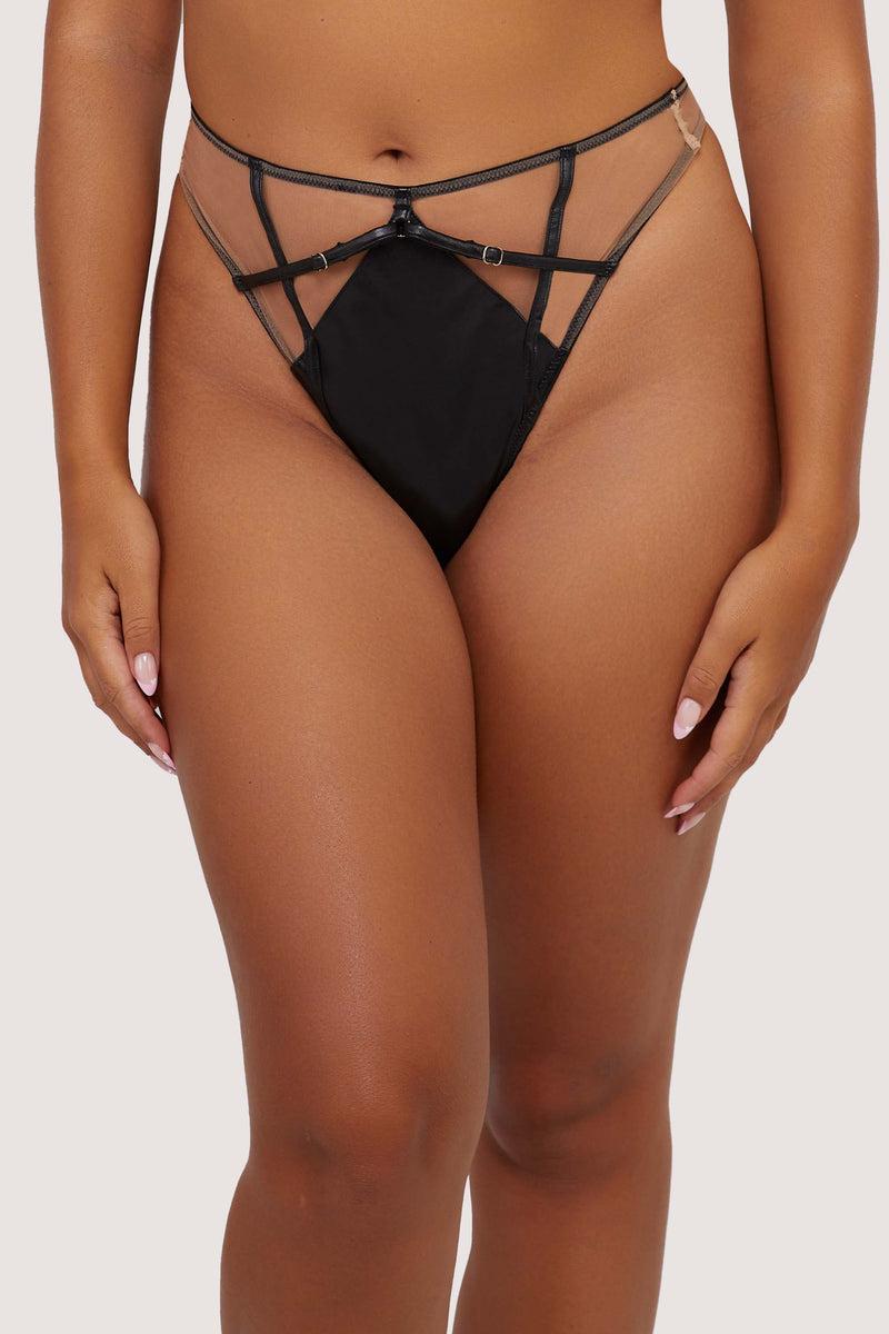 playful promises Ramona Black Leatherette Strap Detail Illusion Mesh High Waisted Thong