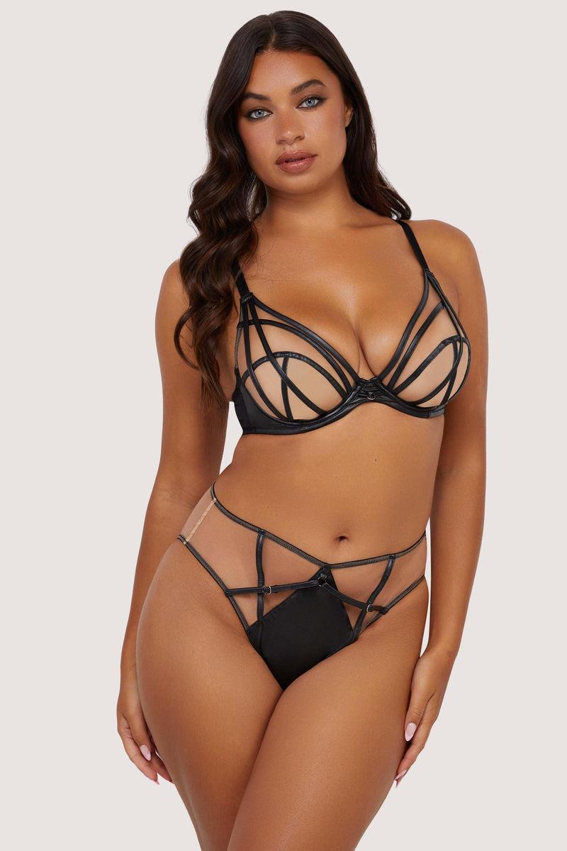 Playful Promises Ramona Black Leatherette Strap Detail Illusion Mesh High Waisted Brief