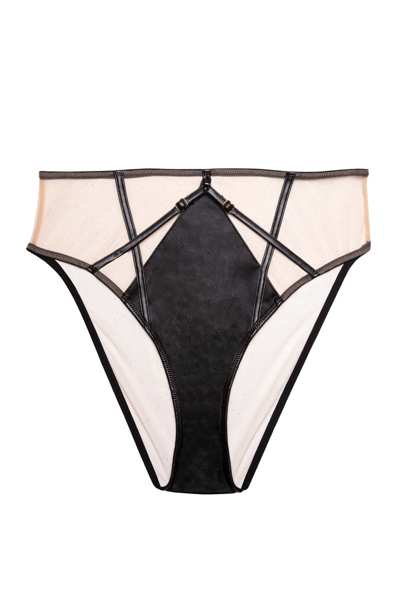 Playful Promises Ramona Black Leatherette Strap Detail Illusion Mesh High Waisted Brief