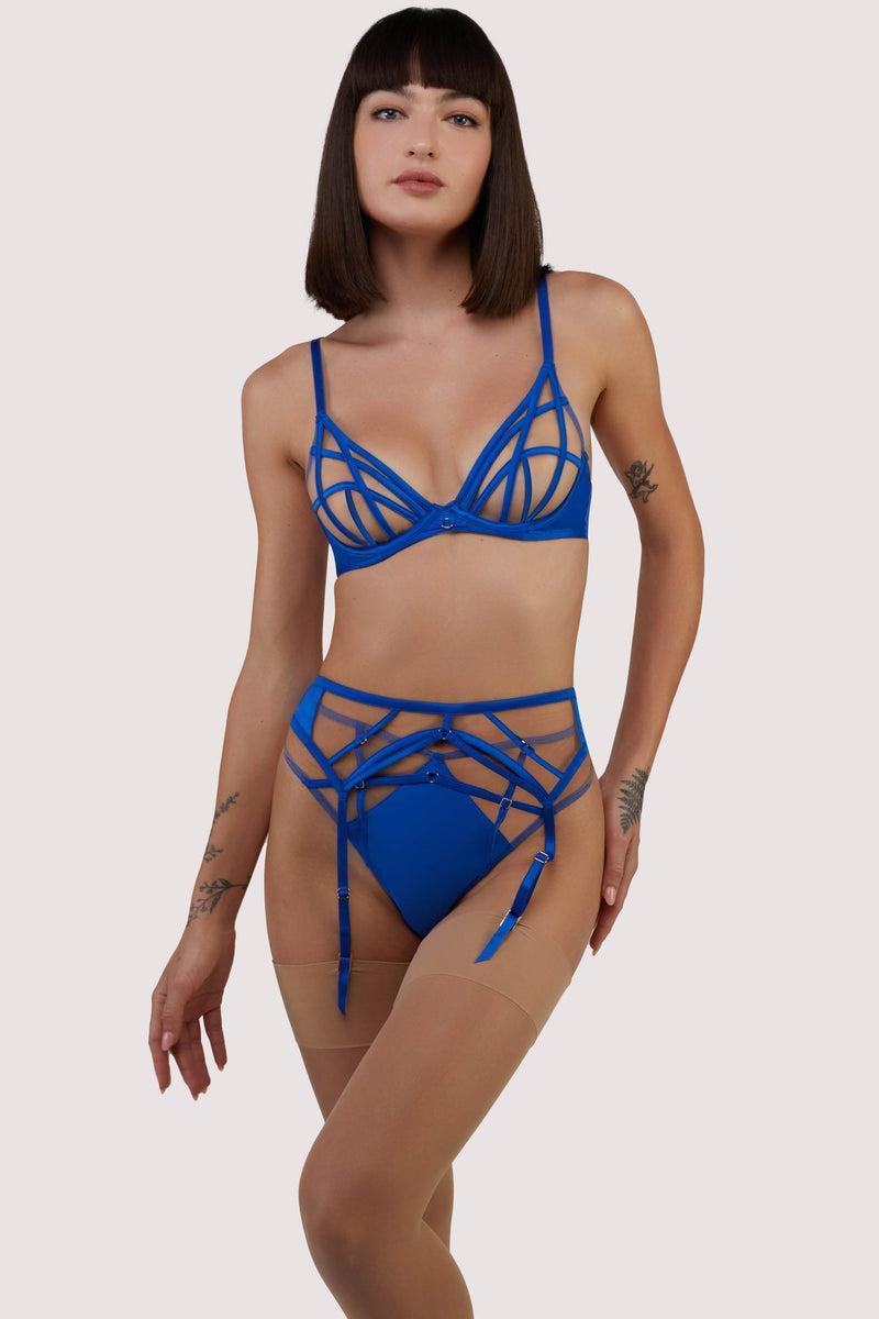 Playful Promises Ramona Cobalt Blue Strap Detail Illusion Mesh Suspender